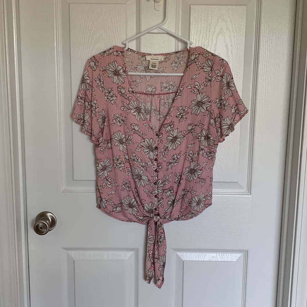 womens floral print blouse button up waist tie